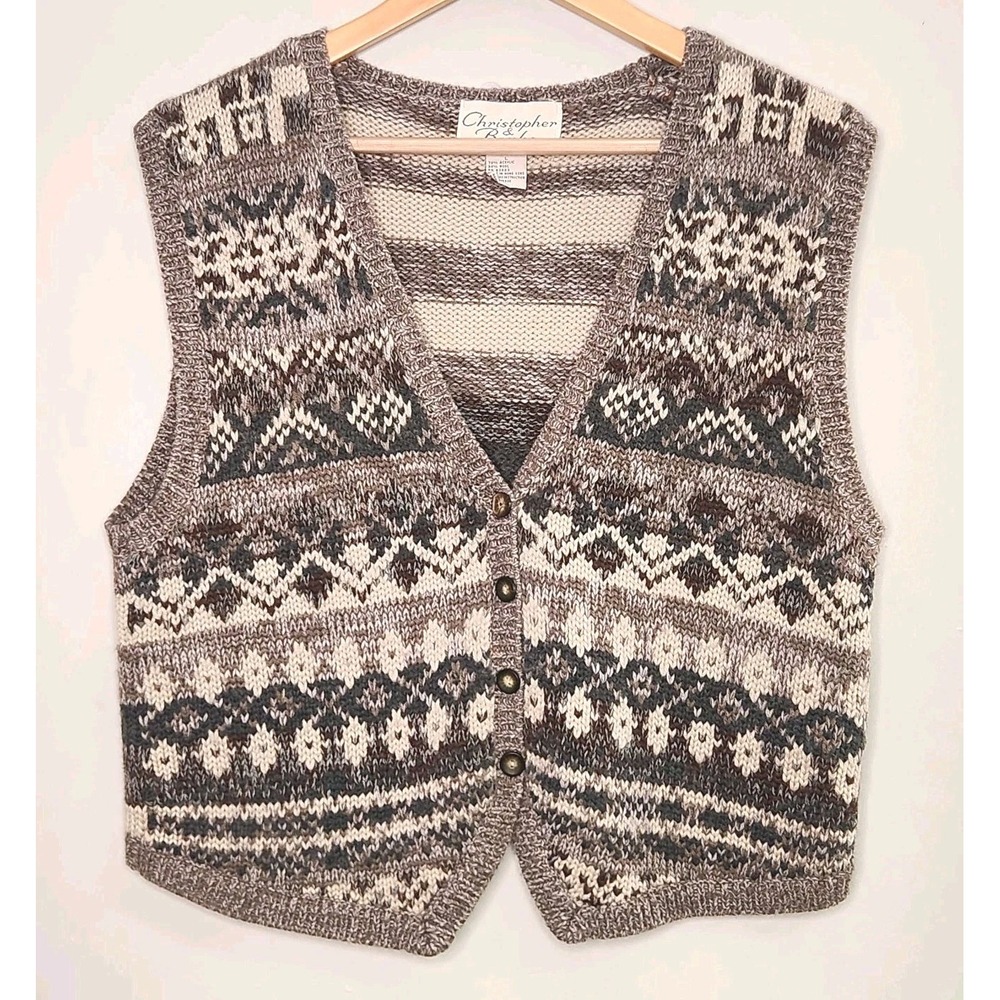 Christopher & Banks Fair Isle Knit Gray Cream Sweater Vest Womens L Grandmacore